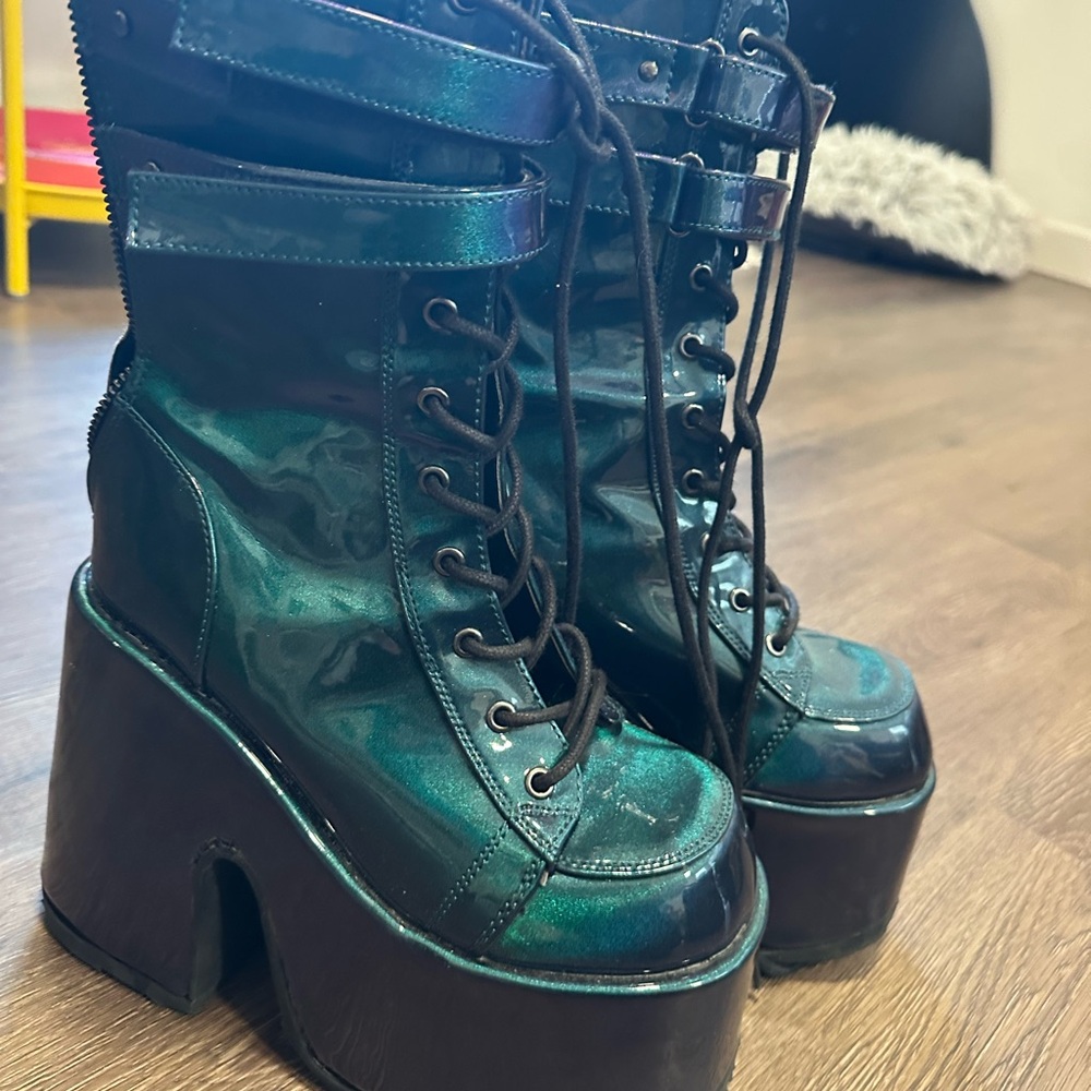 Iridescent Purple/Green Platform Lace-Up Boots. Demonias